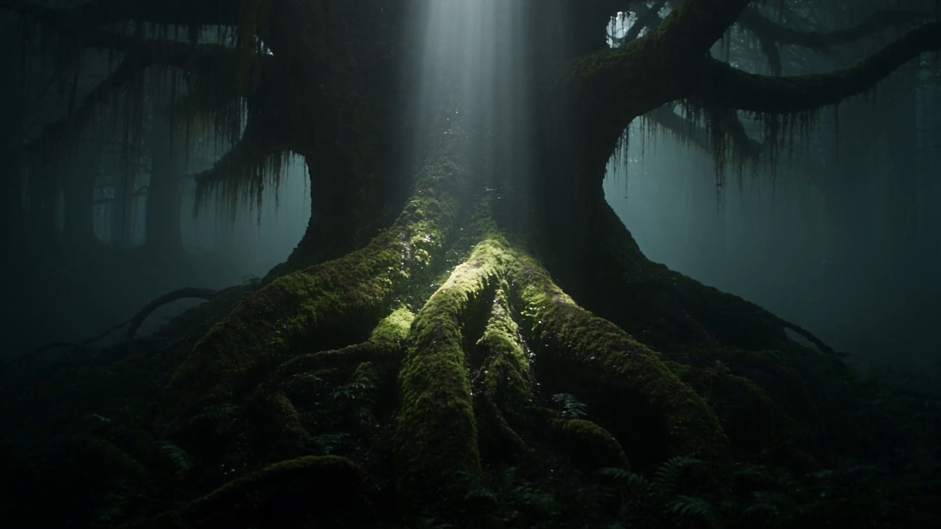 An ancient tree with roots spreading across a dark forest floor, from the Amersia reel