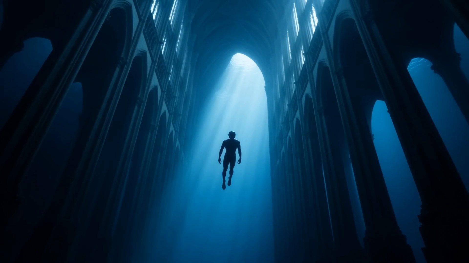 A lone figure rising through a shaft of light inside a vast dark cathedral, from the Amersia reel
